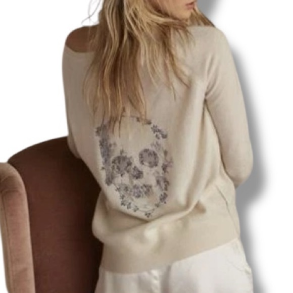 Skull Cashmere Alexa Embroidered Skull Sweater Cream Blue Size Large - Picture 4 of 11